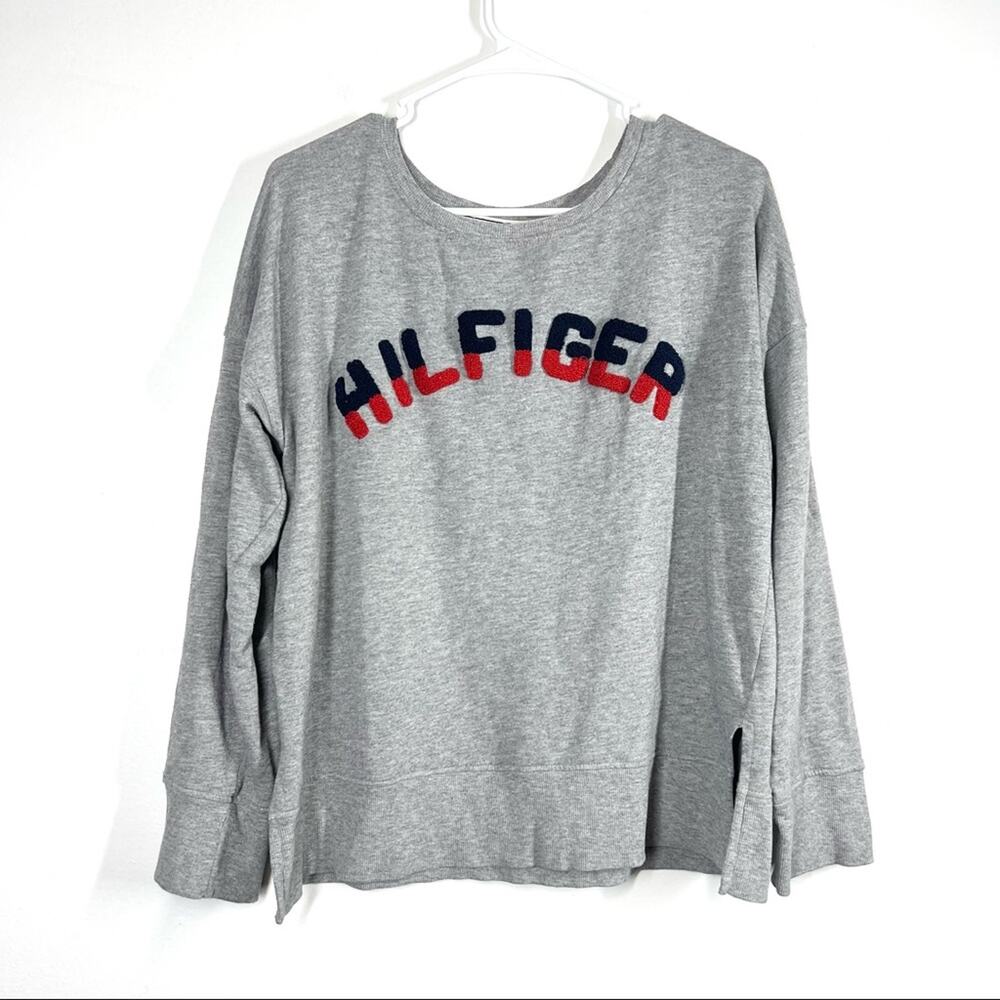 TOMMY HILFIGER Y2K Terry Cloth Logo Crew Neck Sweatshirt Heather Gray Large